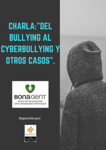 Imagen del cartel promocional de la charla "Del Bullyingal cyberbulling y otros casos" con logotipo de la entidad Bona Gent, APDI y de la psicóloga que impartió el curso, Lucía Castroverde Ramos