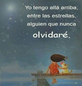 imagen de animación con una niña y su perro sentados en al final de un puente de madera en el mar mirando el cielo nocturno estrellado con el texto "Yo tengo allá arriba, entre las estrellas, alguien que nunca olvidaré"